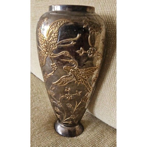 SOLID BRASS Vase INDIA Birds & Flowers Silver & Gold - Picture 3 of 7